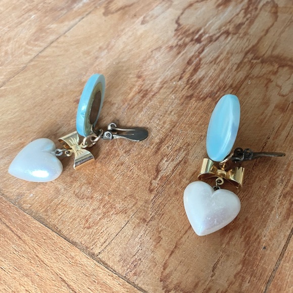 Redesigned blue opalescent clip on earrings with bow and faux pearl heart dangle - Picture 8 of 13